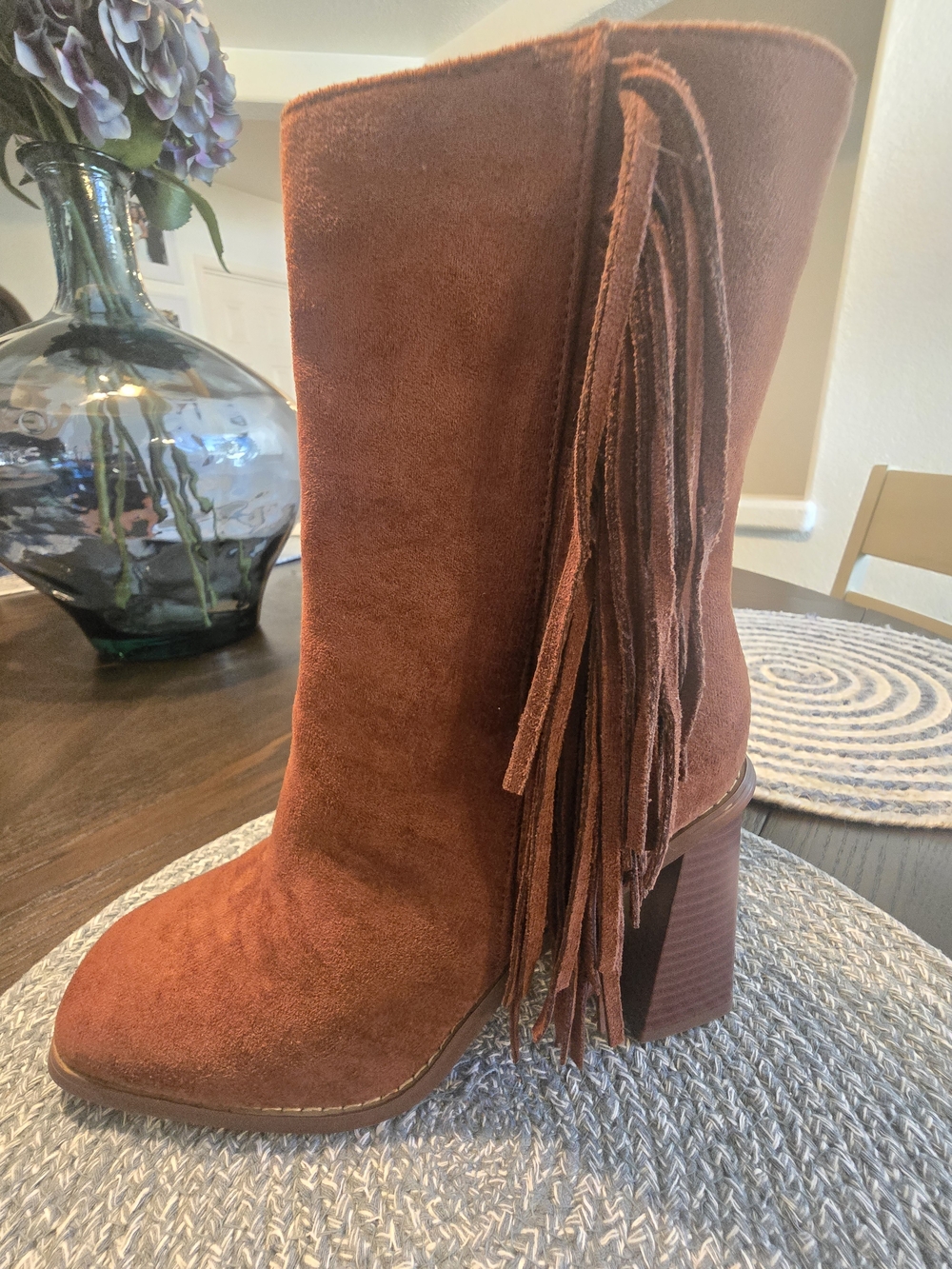 New York & Company Rust Suede Fringe Block Heel Ankle Boots